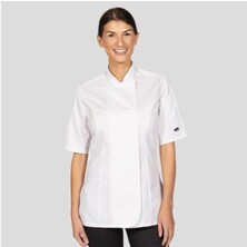 Lady&#039;s Chefs Jacket Short Sleeves White With New Capped Studs